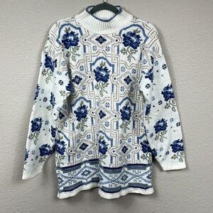 Vintage Adele Knitwear Cottagecore Tunic Sweater 80s Floral Geometric Sz PM
